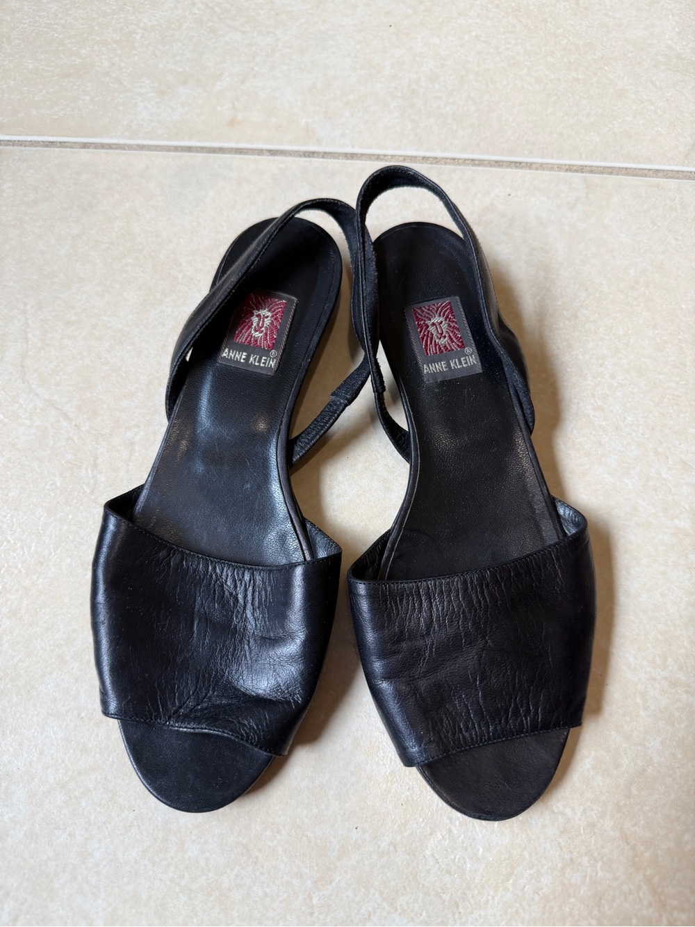 Anne Klein Vtg Black Leather Slingback Sandals Made in Italy Sz 6 M Peep Toe